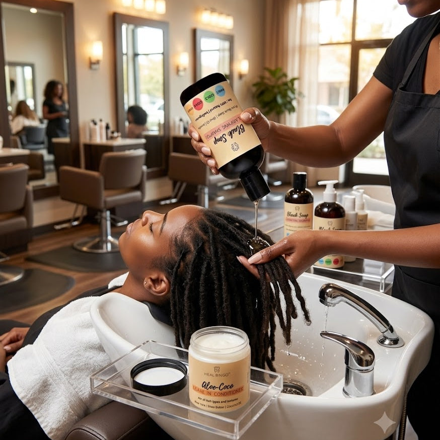 Hydrating and clarifying hair duo for natural textures showing African black soap shampoo and aloe coco leave-in conditioner side by side