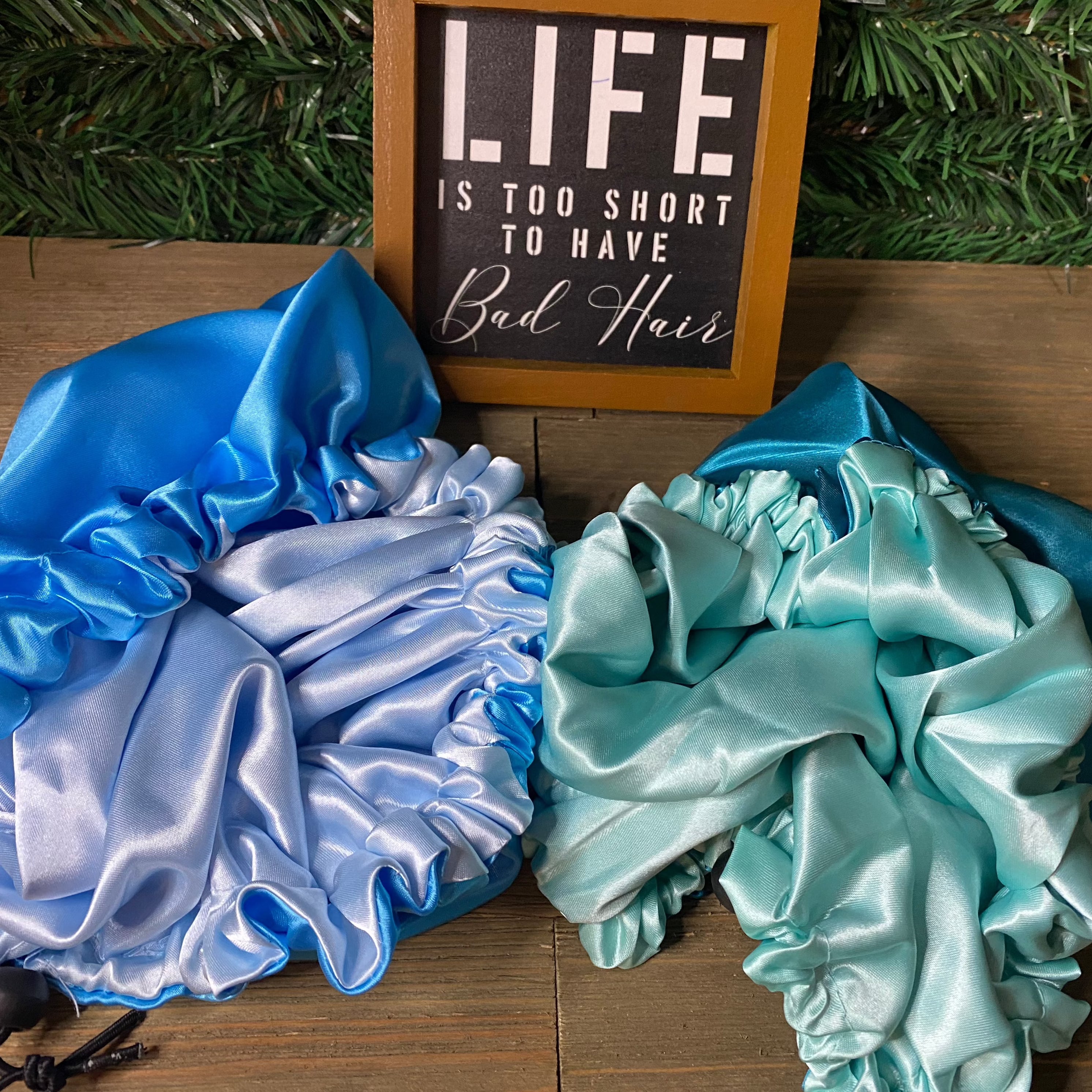 Blue satin hair bonnet as a silk hair bonnet alternative