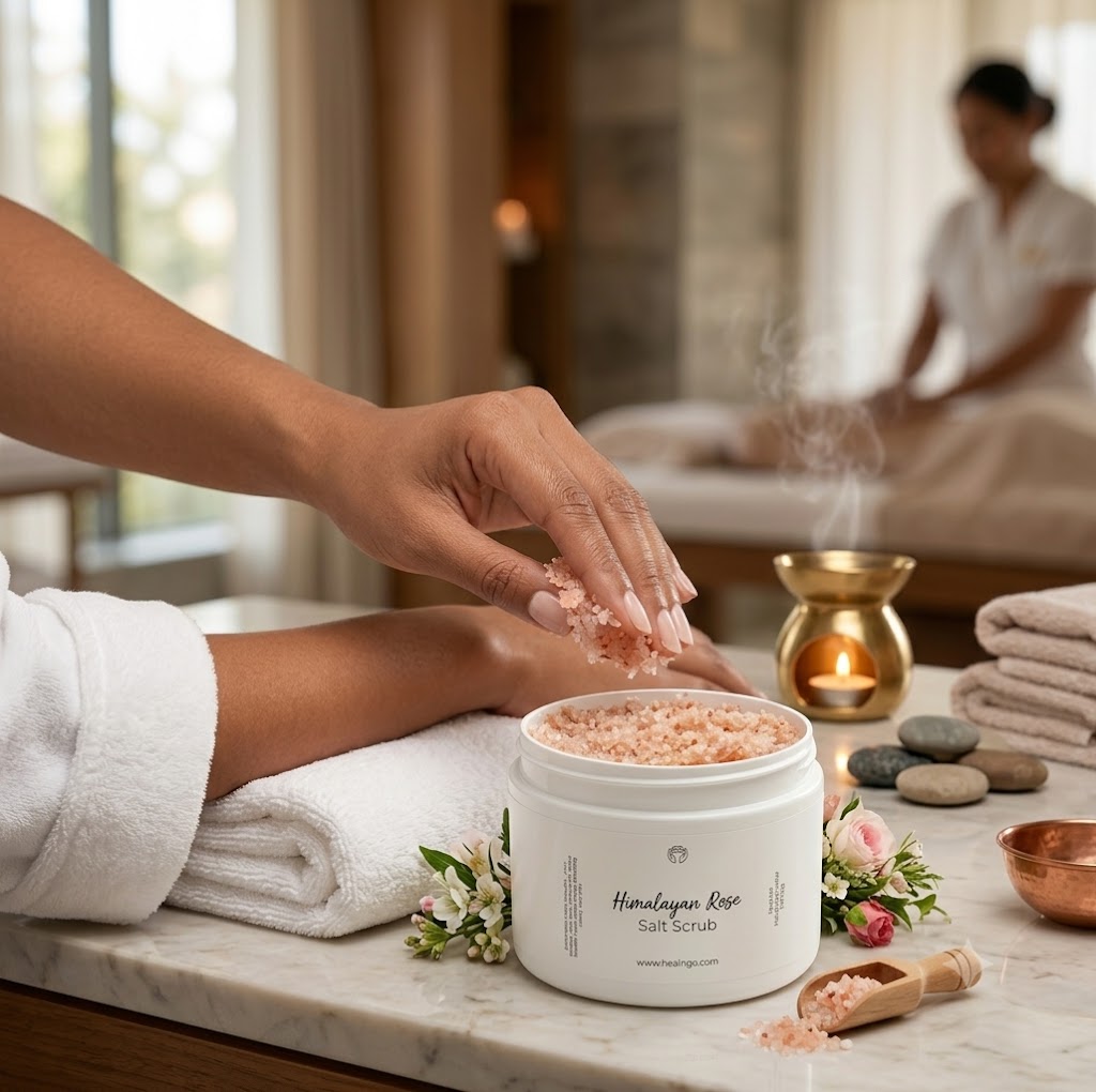 Spa-inspired body scrub for dry skin featuring Himalayan salt, glycerin, and sweet almond oil for moisture balance