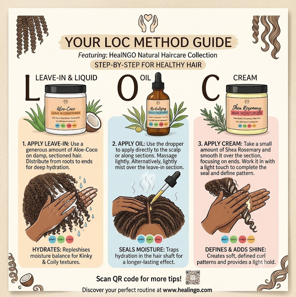 Complete LOC method bundle for dry hair featuring aloe-based leave-in conditioner, herbal scalp oil, and shea rosemary moisturizing cream