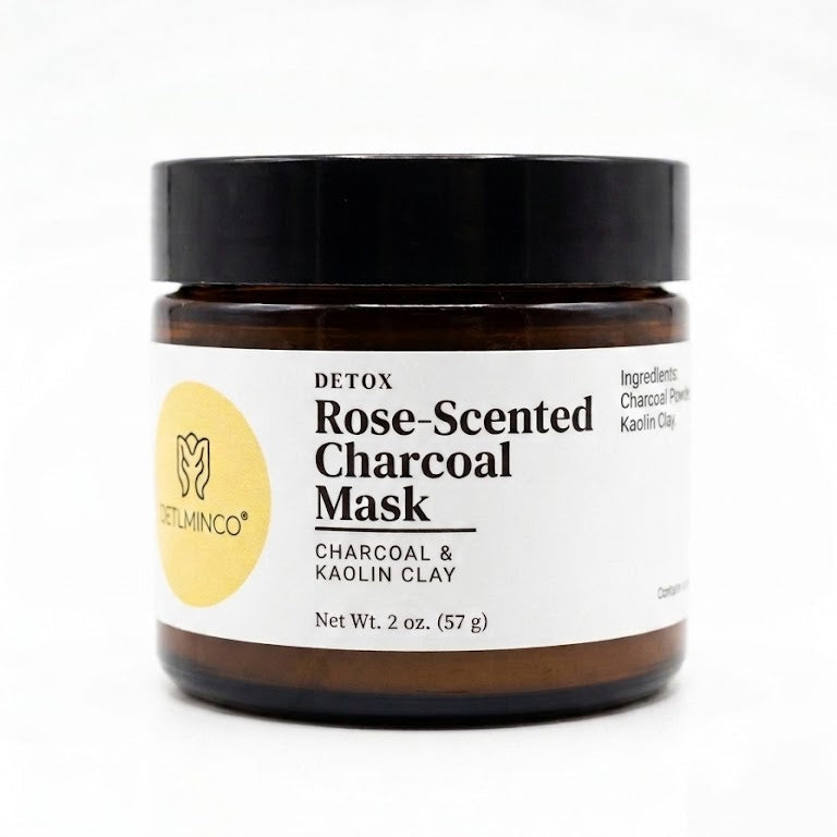 Rose-Scented Charcoal Mask in a sleek jar on a white background, highlighting kaolin clay and charcoal detox skincare formula