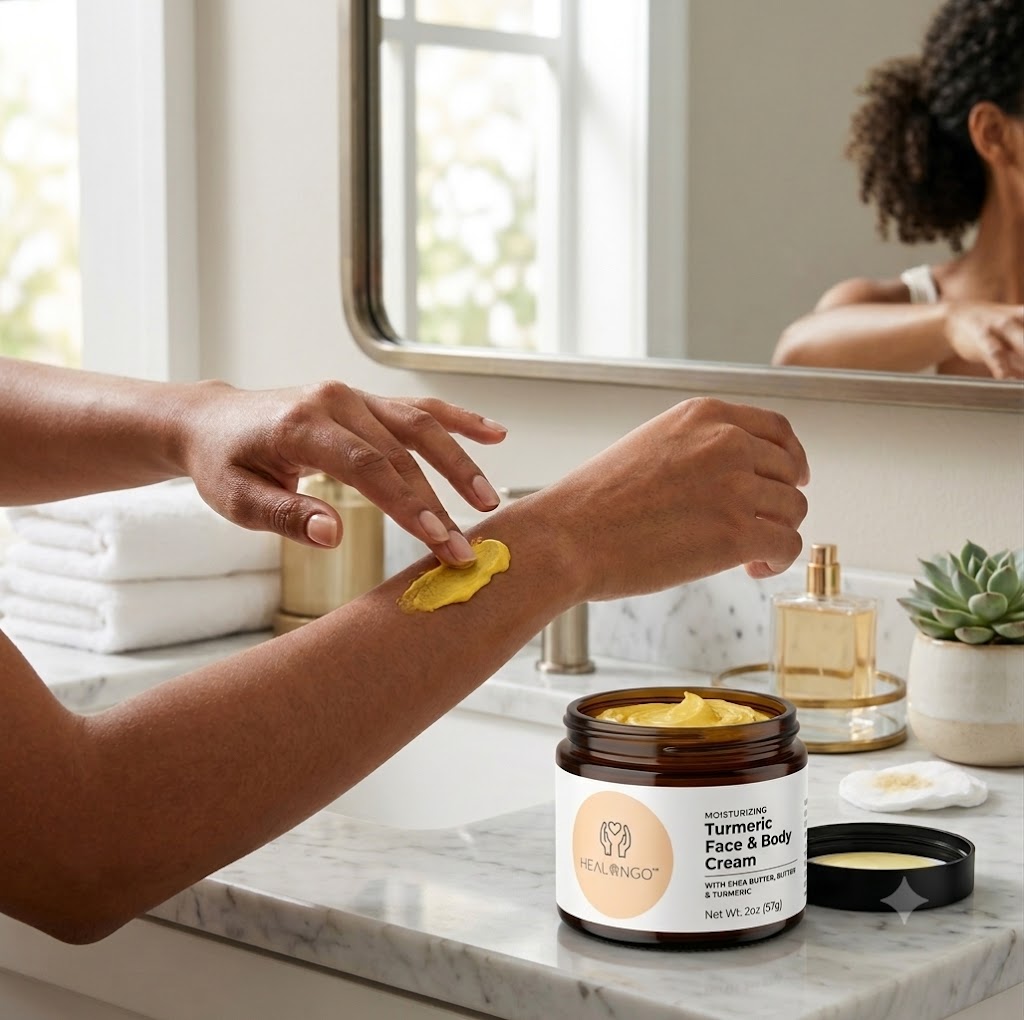 Nourishing Turmeric Body and Face Cream formulated with natural butters and extracts to soften rough skin and enhance a healthy, luminous appearance.