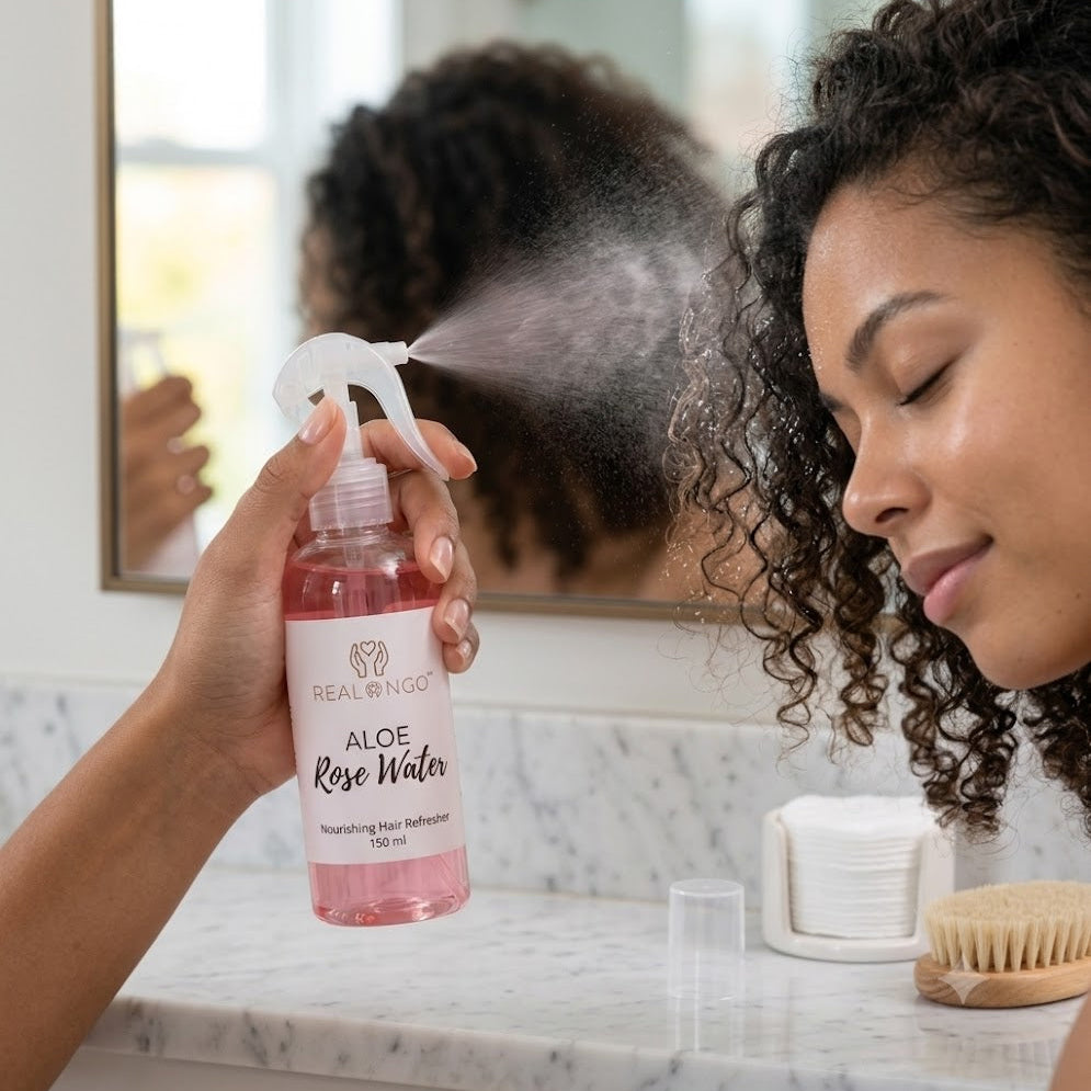 Woman misting Rose Water Nourish Skin & Refresh Hair onto natural curly hair as a lightweight refresher, reviving curls, reducing dryness, and adding soft hydration without buildup or heaviness.