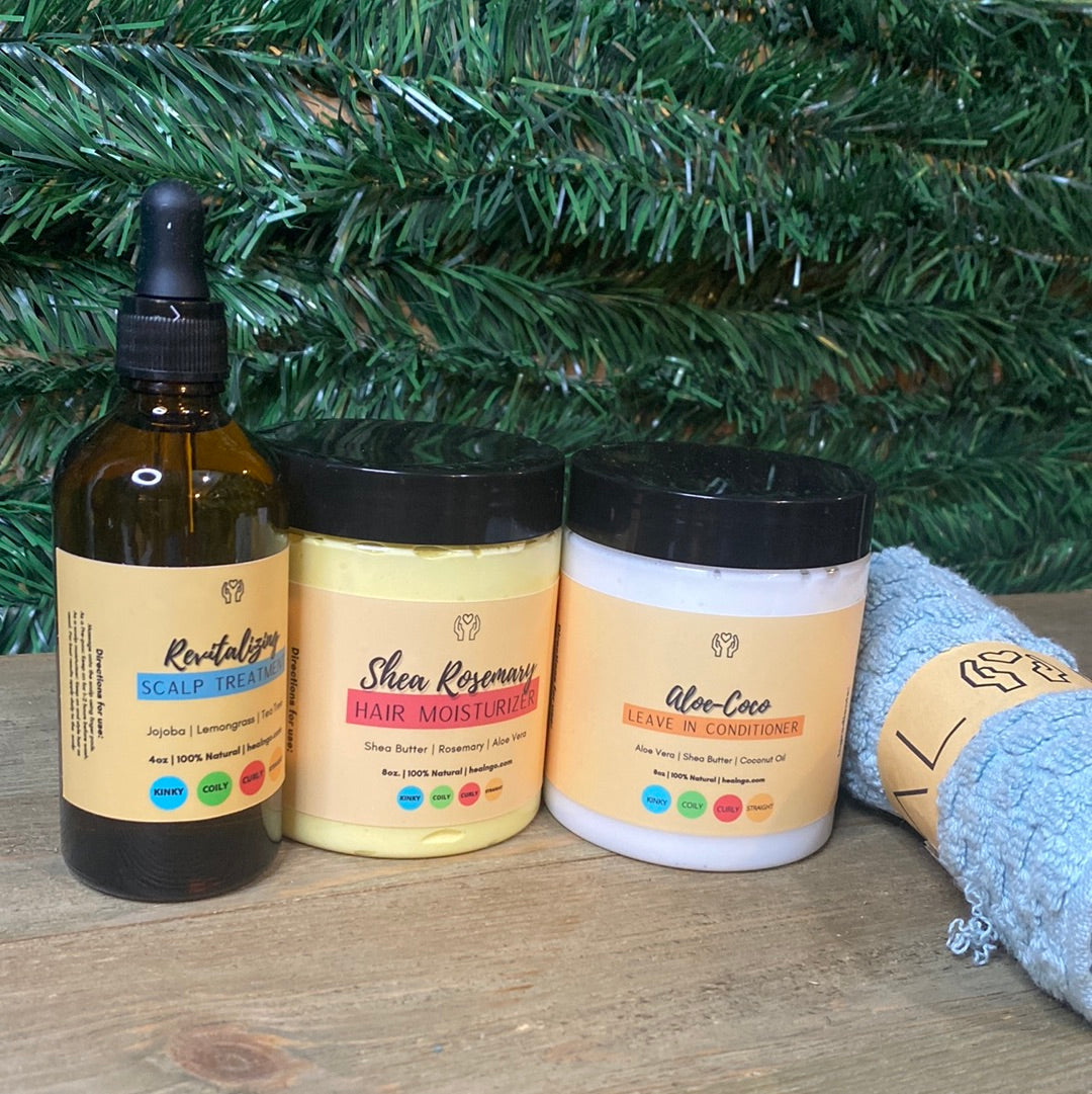 Moisture locking hair care bundle for natural hair including leave-in conditioner, scalp oil treatment, and cream moisturizer for softness and shine