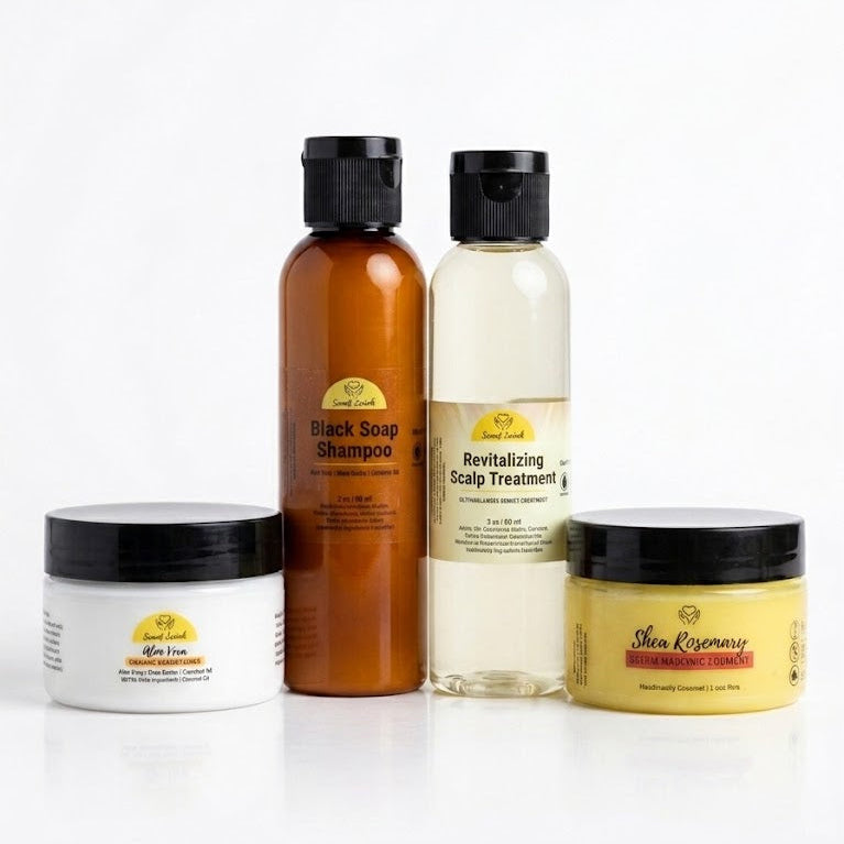 Natural hair travel kit featuring shampoo, conditioner, moisturizer, and nourishing hair oil by Healngo.