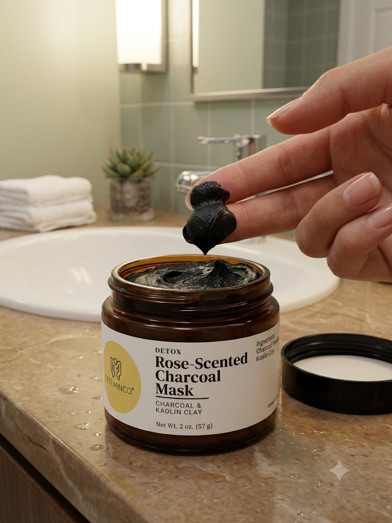 Close-up of Rose-Scented Charcoal Mask texture showing smooth clay consistency infused with activated charcoal