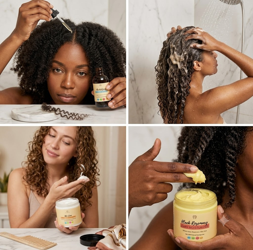 Full wash day hair care set for natural hair featuring hydration, moisture retention, and scalp nourishment products