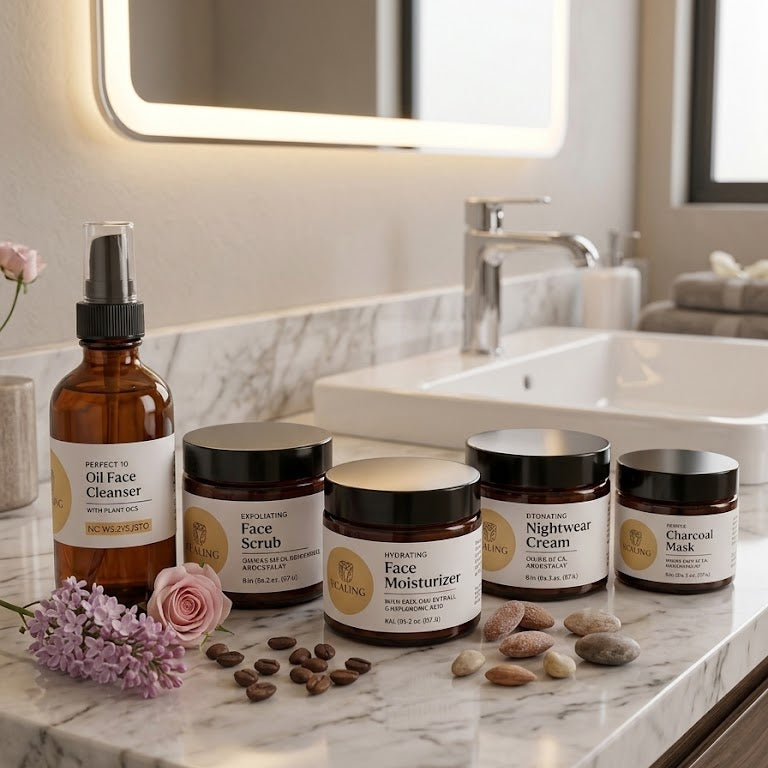 Skin Care Bundle featuring natural facial cleanser, exfoliating scrub, rose charcoal mask, hydrating moisturizer, and night cream for clear glowing skin routine.