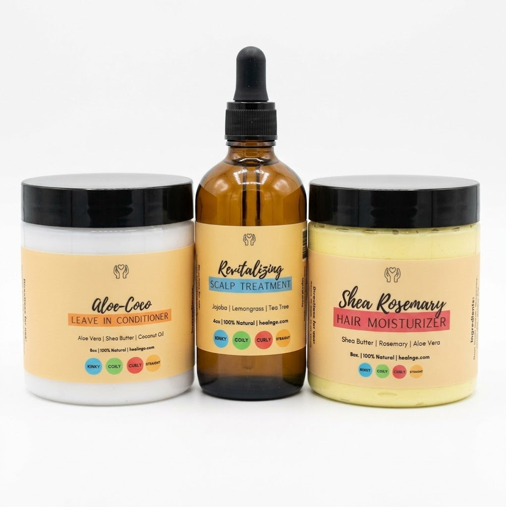 LOC hair care bundle featuring aloe coco leave-in conditioner, scalp treatment oil, and shea rosemary moisturizer for dry natural hair