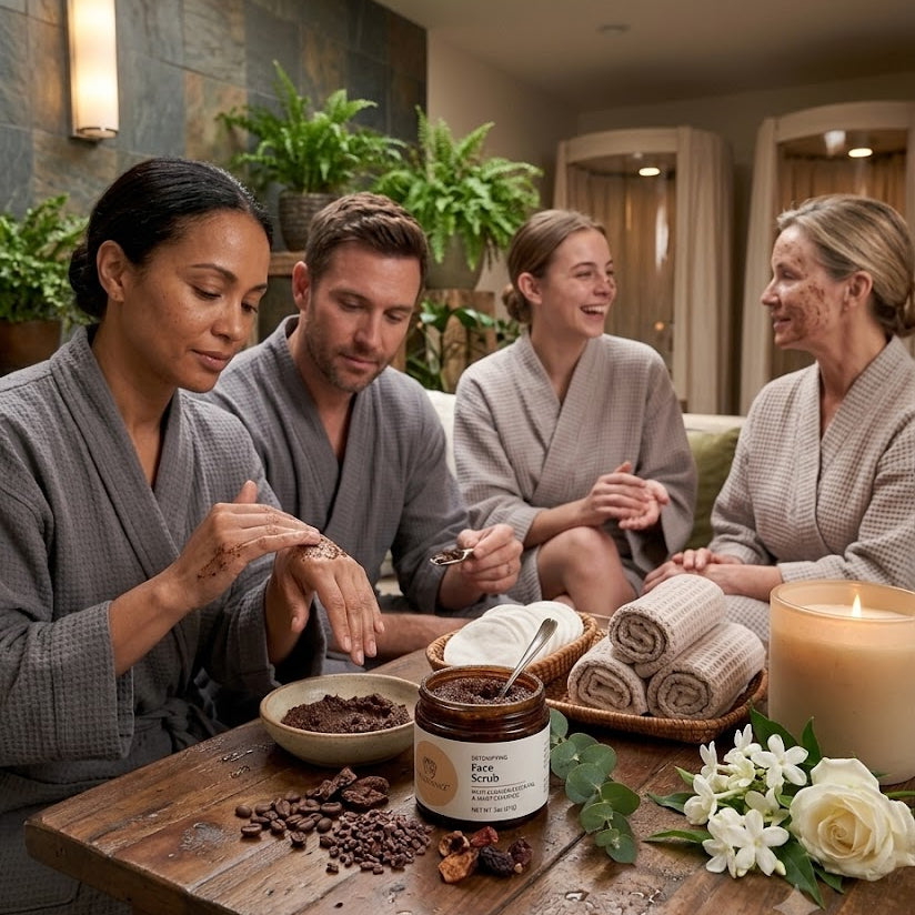 Four people in robes sitting around a table with a bowl of chocolate chips and a jar of cream, in a spa setting.