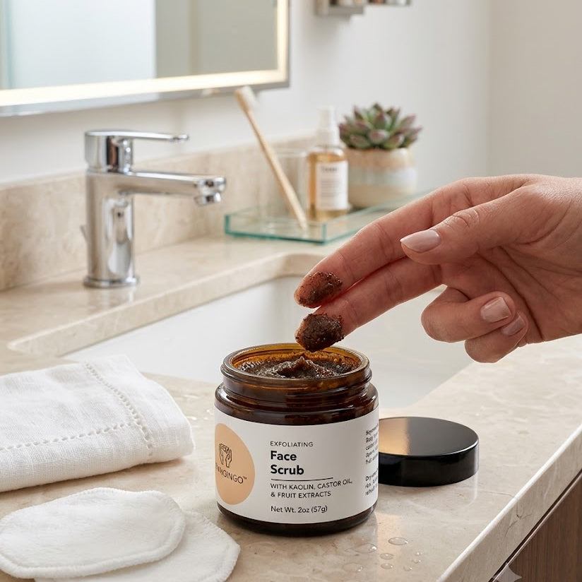 Close-up of exfoliating facial scrub texture with clay and botanical ingredients for skin renewal and glow