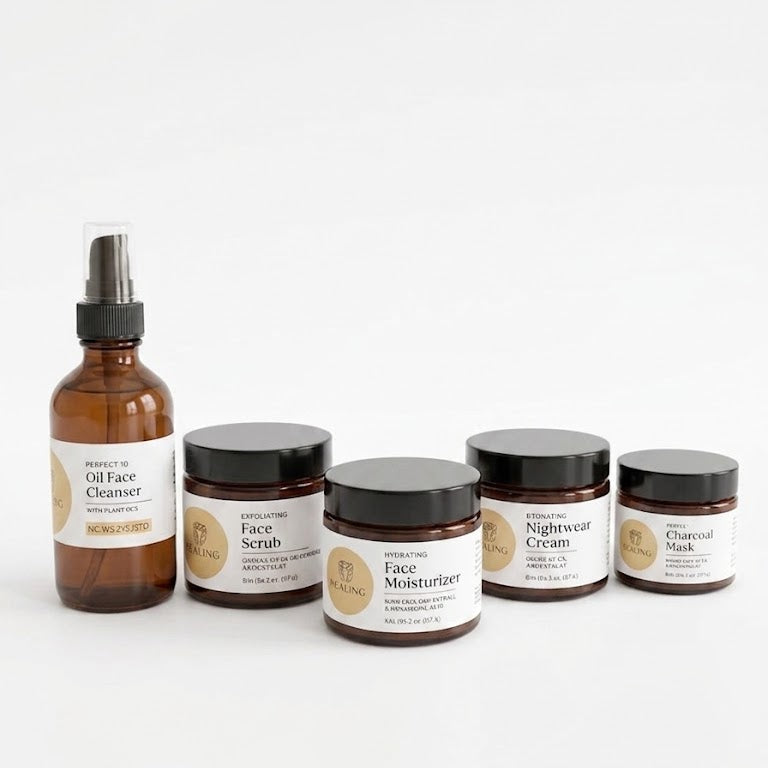 Skin Care Bundle featuring natural facial cleanser, exfoliating scrub, rose charcoal mask, hydrating moisturizer, and night cream for clear glowing skin routine.