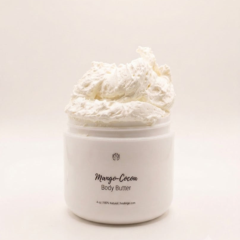 Natural Mango Coco Body Butter made with mango butter, cocoa butter, sweet almond oil, and arrowroot.