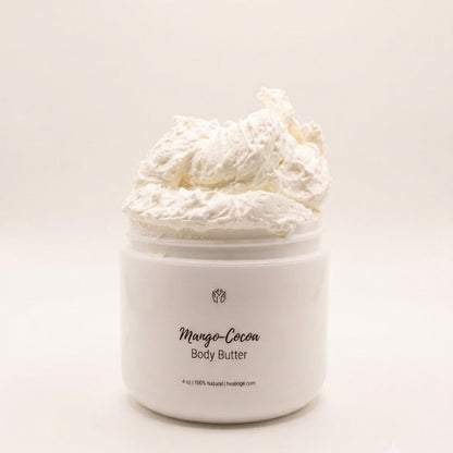 Natural Mango Coco Body Butter made with mango butter, cocoa butter, sweet almond oil, and arrowroot.