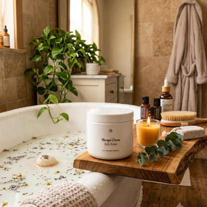 Hydrating Mango Coco Body Butter with sweet almond oil for long-lasting moisture and silky skin.