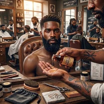 Professional beard grooming essentials featuring natural beard oil, beard brush, comb, and trimming scissors for every beard type.