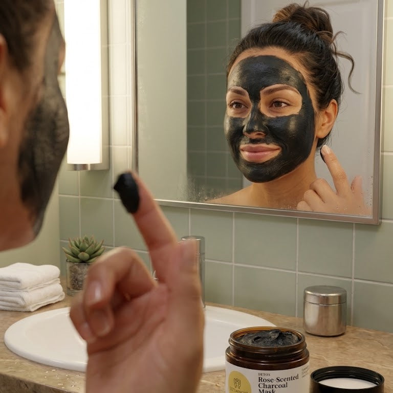 Woman applying Rose-Scented Charcoal Mask evenly across face for deep pore cleansing and oil control treatment