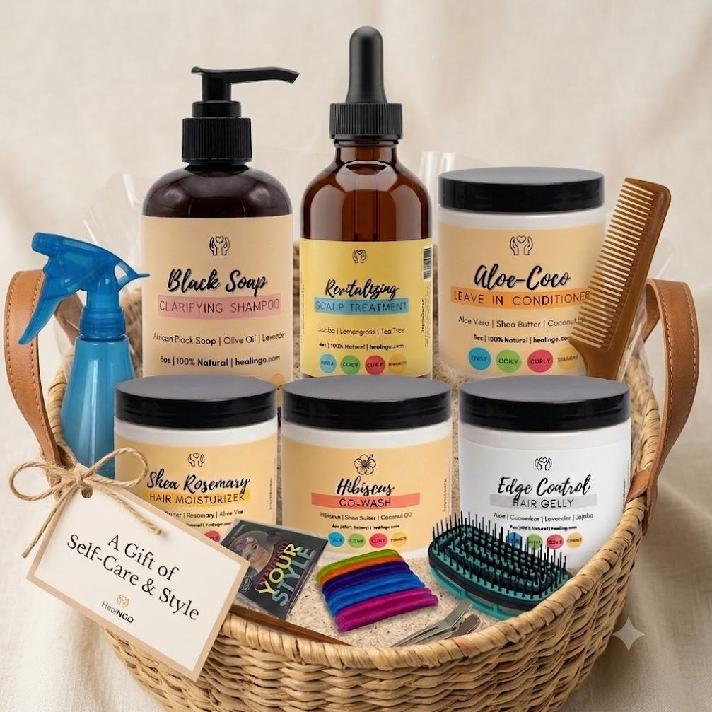 Natural hair bundle set designed for scalp nourishment, hydration, and frizz control with Aloe and herbal-infused products