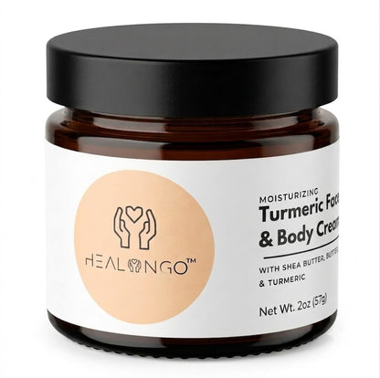 Turmeric Face and Body Cream with natural ingredients like glycerin, coconut oil, Shea butter, aloe vera, and turmeric for deep hydration and glowing skin.