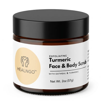 Turmeric Face and Body Scrub with oatmeal, kaolin clay, baking soda, and glycerin gently exfoliating skin to remove dead skin cells, unclog pores, brighten complexion, and smooth rough texture for a natural radiant glow.