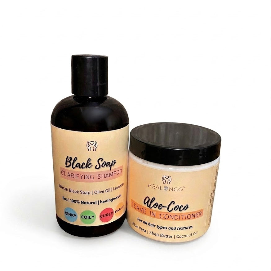 Wash day hair care set including African black soap shampoo and aloe coco leave-in conditioner for soft, hydrated curls
