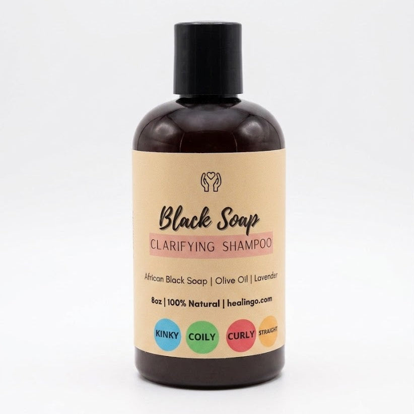 Sulfate-free African Black Soap Shampoo designed for curly, coily, and transitioning hair types