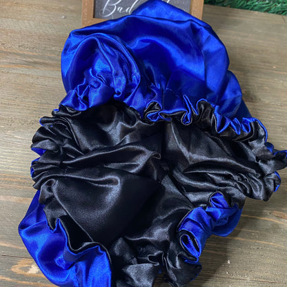 Blue adjustable satin hair bonnet with drawstring for secure fit
