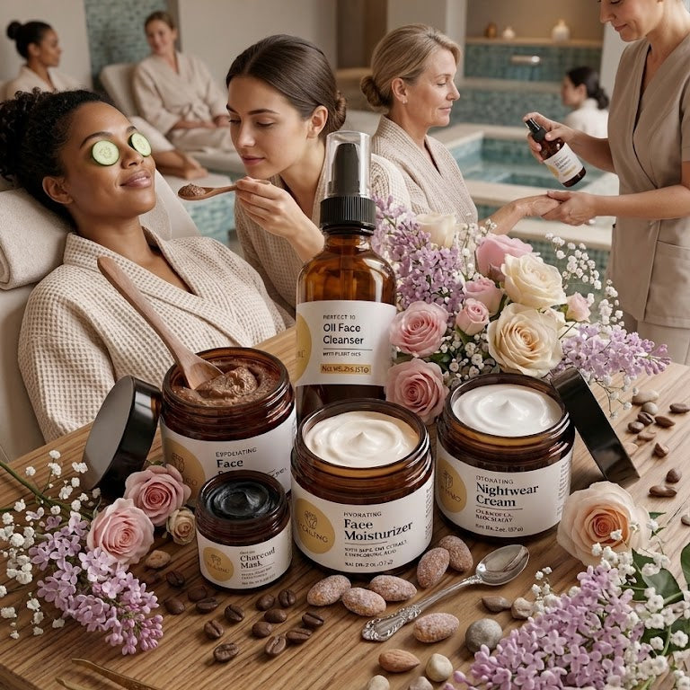 Spa setting with women receiving treatments and skincare products on a table.