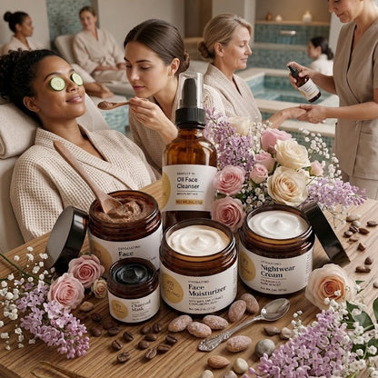 Spa setting with women receiving treatments and skincare products on a table.