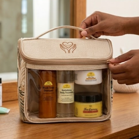 Travel-friendly hair care essentials for textured hair featuring shampoo, conditioner, moisturizer, and hair oil.