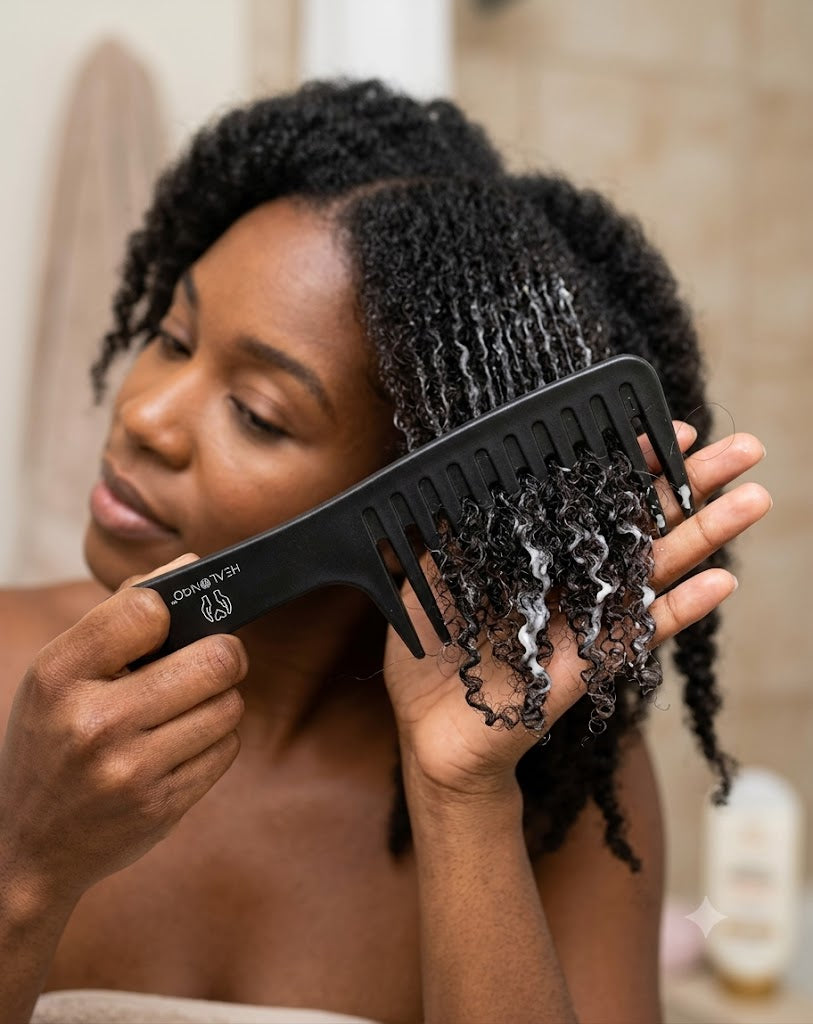 Healngo wide tooth detangling comb for curly, coily, and natural hair, gentle anti-breakage hair comb for wet or conditioned hair styling and detangling knots.