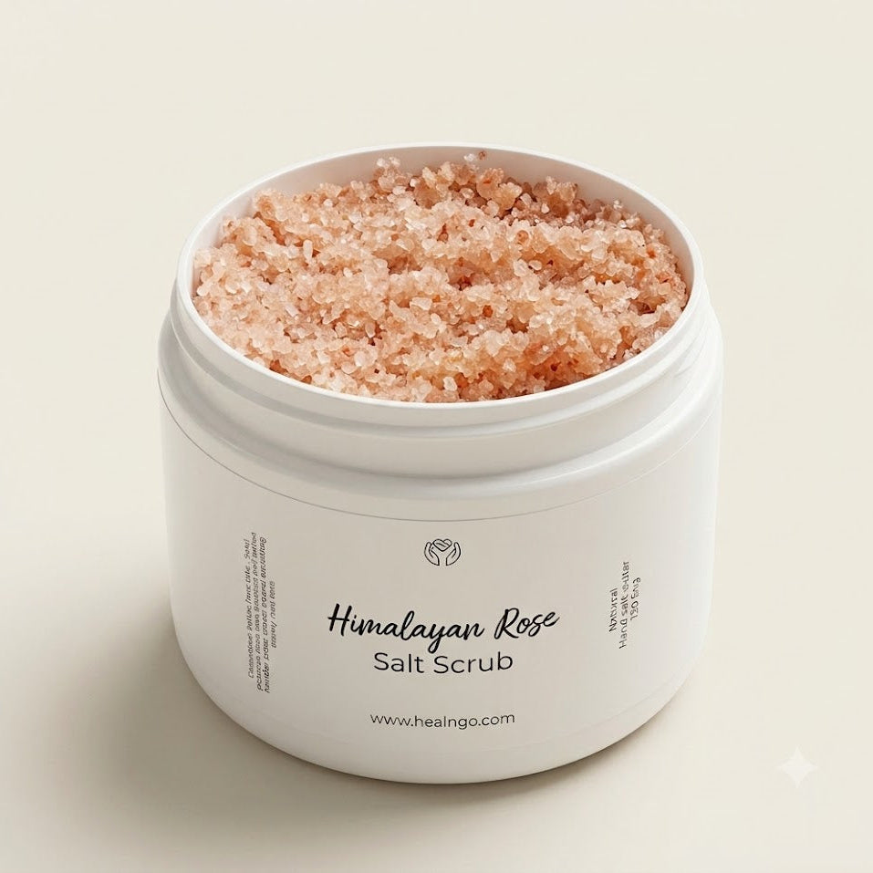 Himalayan Rose Body Scrub with Himalayan salt crystals for exfoliating dead skin and smoothing rough texture