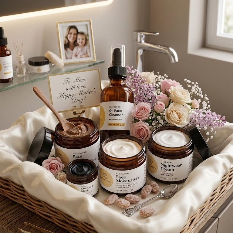 Cosmetic basket with skincare products and flowers on a bathroom counter for a Mother&