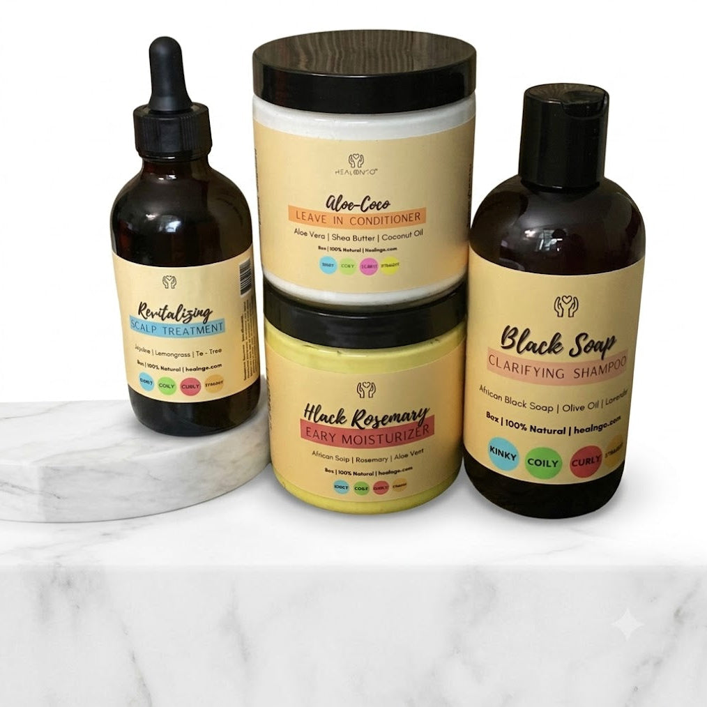 Complete natural hair routine set including shampoo, conditioner, moisturizer, and scalp treatment for hydration and growth support