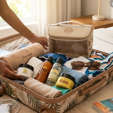 Travel-friendly hair care essentials for textured hair featuring shampoo, conditioner, moisturizer, and hair oil.