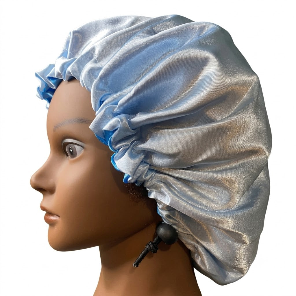 Satin hair bonnet for natural hair protection, double-layer satin sleep cap reduces frizz, locks in moisture, prevents breakage and preserves hairstyles overnight for curly, coily, and wavy hair.