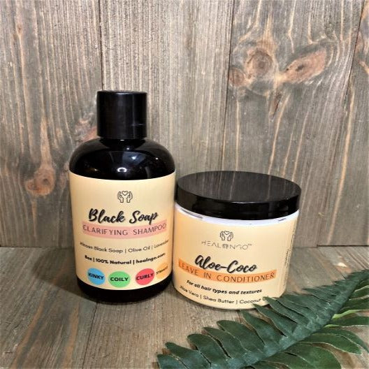 black soap clarifying shampoo and aloe coco leave in conditioner