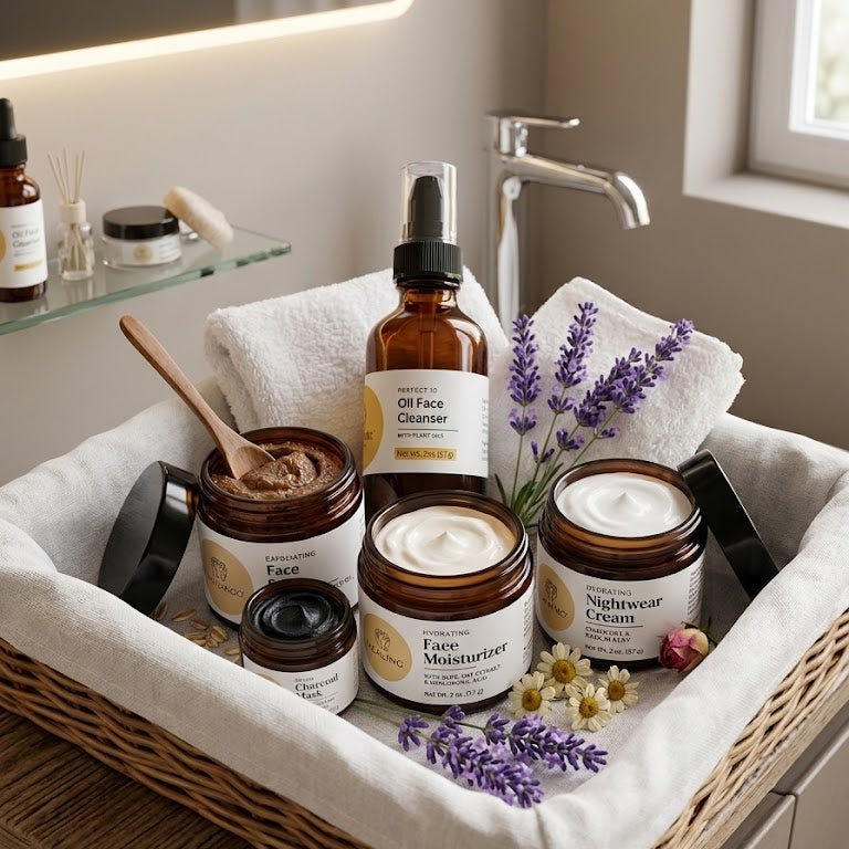 Cosmetic products including jars, bottles, and a brush in a basket on a bathroom counter.