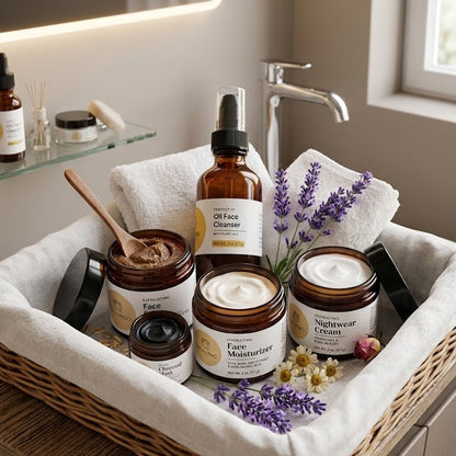 Cosmetic products including jars, bottles, and a brush in a basket on a bathroom counter.