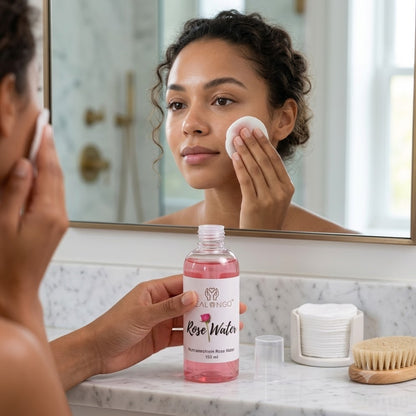 Woman spraying Rose Water Nourish Skin &amp; Refresh Hair onto clean face as a hydrating toner, soothing and refreshing the skin while restoring moisture and promoting a natural healthy glow.