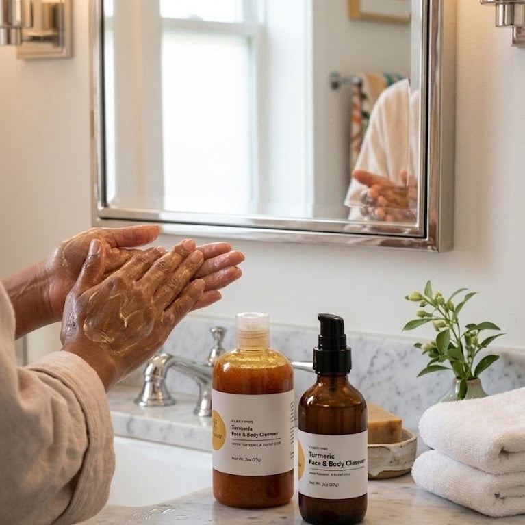 Person applying soap to hands with bottles of soap on a bathroom counter.