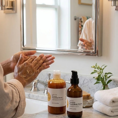Person applying soap to hands with bottles of soap on a bathroom counter.