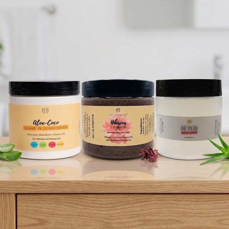 Wash N Go Bundle featuring Hibiscus Cowash, Aloe Coco Leave-In Conditioner, and Aloe + Cucumber Melon Hair Gelly for defined, frizz-free curls, deep hydration, and soft natural wash-and-go styling for curly and coily hair types.
