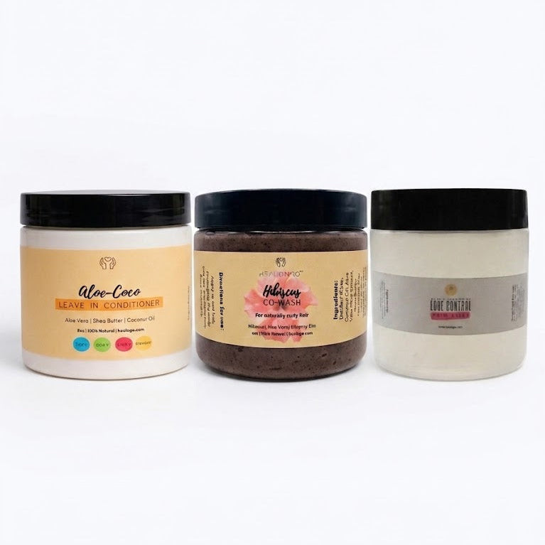 Wash N Go Bundle featuring Hibiscus Cowash, Aloe Coco Leave-In Conditioner, and Aloe + Cucumber Melon Hair Gelly for defined, frizz-free curls, deep hydration, and soft natural wash-and-go styling for curly and coily hair types.