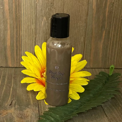 Natural African Black Soap Shampoo infused with marshmallow root, flaxseed, and olive oil for healthy hair