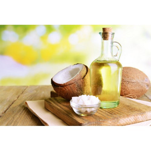 Bottle of organic coconut oil for moisturized, frizz-free, and healthy hair care treatment